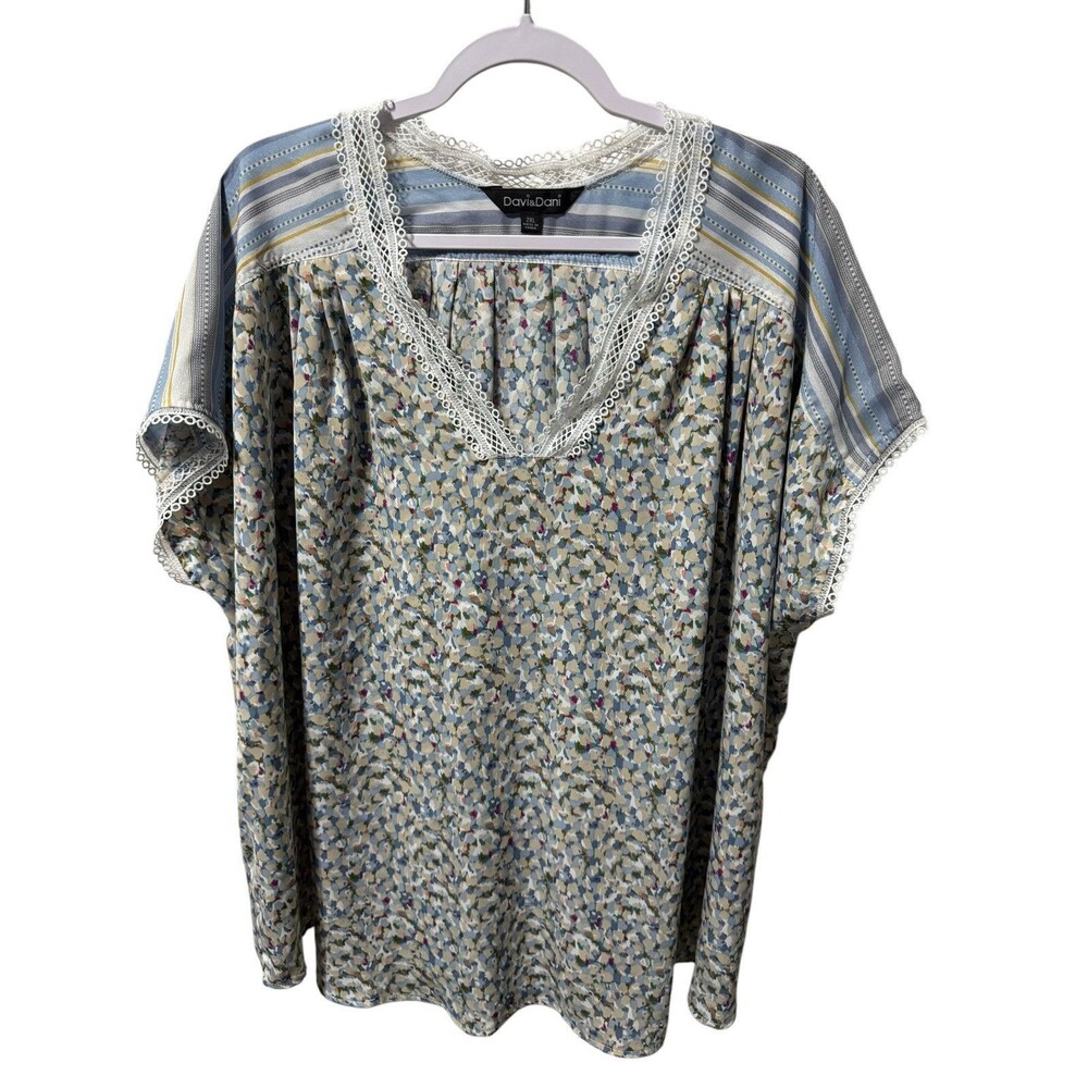 Davi & Dani Peasant Women’s 2XL Blouse Short Sleeve Multicolor High Low EUC